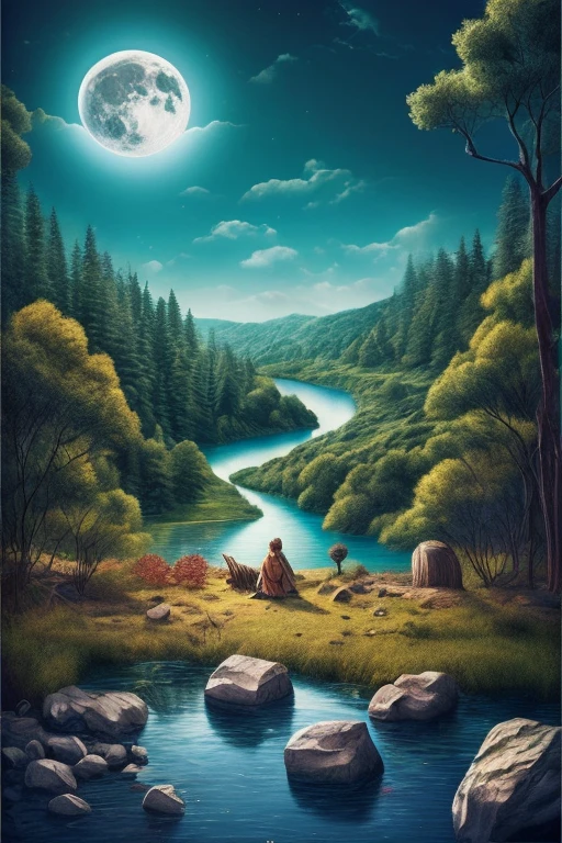 engraving + color illustration, story map, aesthetics of horror poison, moon, forest, lake, rocks, multicolor, march, environment, uhd, clarity, dark backgrounds ((best quality)), ((masterpiece)), (detailed), perfect face