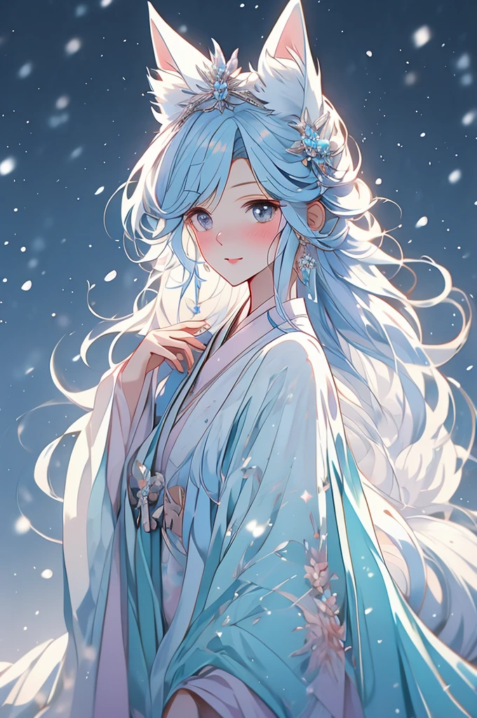 One beautiful girl, alone, Animal ears，With fluffy fur，Ice blue hair, Hair on one eye, Virtual YouTuber, whole body, chest, White Background, Simple Background, Long Hair, Twelve-layered kimono，pastel colour，View Viewer, seiza，Cute sparkly eyes, detailed，Idle smile, Cute，Long sleeves，Long sleeve, Ice blue crystal，Sparkling snow background