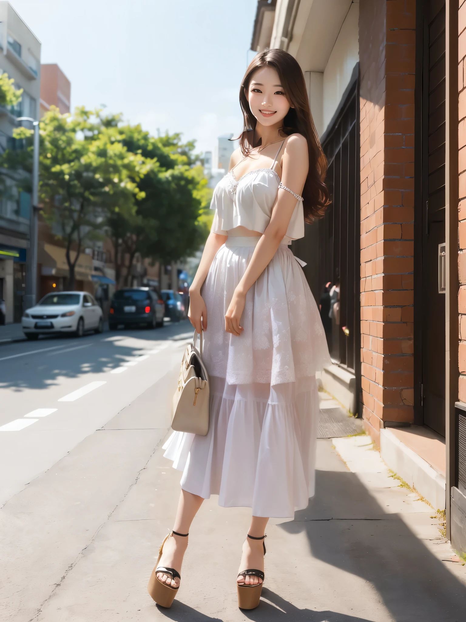 A woman wearing a cute camisole and a white long skirt、Arabian woman standing on the sidewalk wearing high heels, korean female fashion model, gorgeous young Korean women, Korean Girls, beautiful young Korean women, Korean women, Choi Hong-hwa, beautiful south Korean women, On the street, Jaeyoung Nam,E Cup、Emphasize the chest、