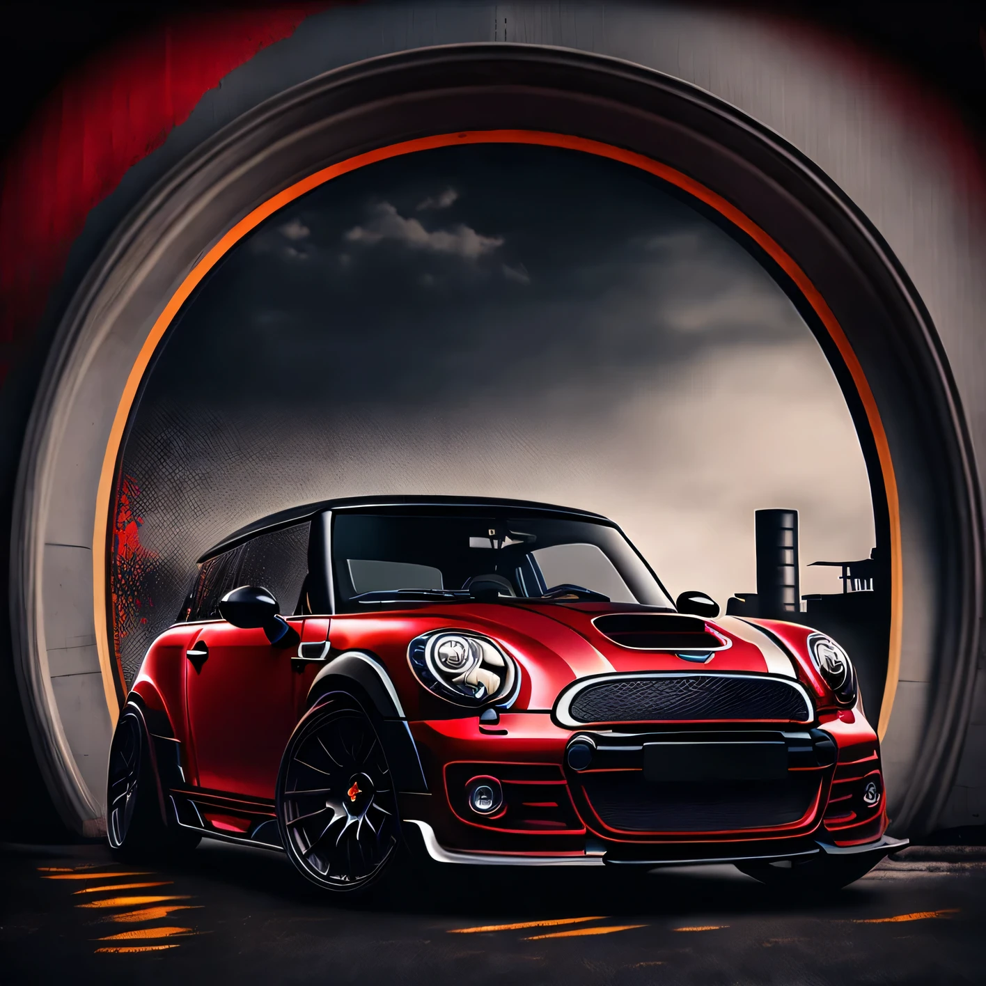 T shirt design, faded background edges, Classic London background, Vibrant colours, Artwork for t-shirt graphic design bright red coloured F56 Mini Cooper S Clubman Wagon in tunnel design impactful colourful paint highly detailed vibrant colours 8k, sharp high contrast high saturated ((carbon fibre, Liberty walk ultra wide body kit)), aggressive stance ((background: racetrack outside old industrial style building large windows in background heavy industrial look)), 8K quality realistic realism sharp detailed ultrawide black and carbon fibre and deep colour scheme front profile epic stance epic ultra wide body kit aggressive looks vector image with faded out backgrounds edge