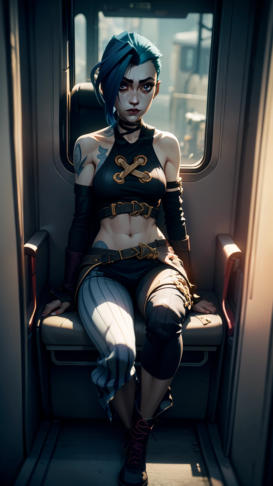 Jinx, arcane jinx, sitting on a train seat, 8k unreal engine design, vibrant colors, next to a window, jinx arcane outfit, jinx arcane clothes, CG UNITY 8K