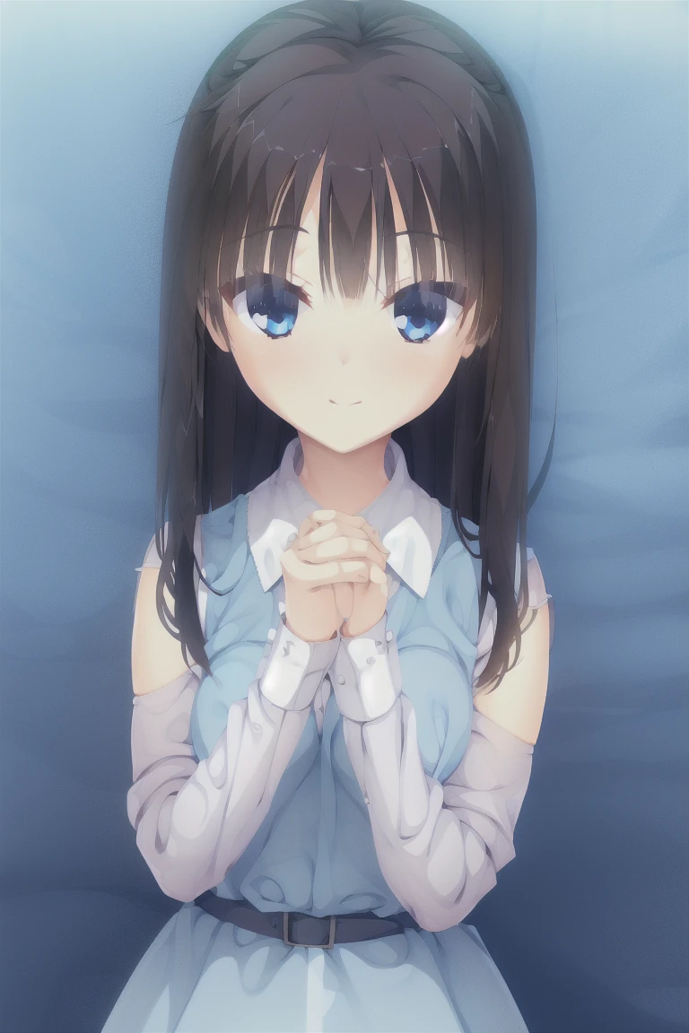 1girl,smiling,bangs,blunt_bangs,long_hair,solo,blue_eyes,blush,simple_background,white_background,black_hair,eyebrows_visible_through_hair,looking_at_viewer,long_sleeves,dress,shirt,sleeveless,upper_body,vest,sleeveless_dress,white_shirt,collared_shirt,blue_dress,puffy_sleeves,own_hands_together,hands_up,closed_mouth,interlocked_fingers,own_hands_clasped,blue_vest, full body, Character portrait, whole body, expensive_solve, clear_image, expensive_Contrast, 8k, Sparkling, beautiful_detailed_face_and_eye, (Black Hair:1.25), 白 eye