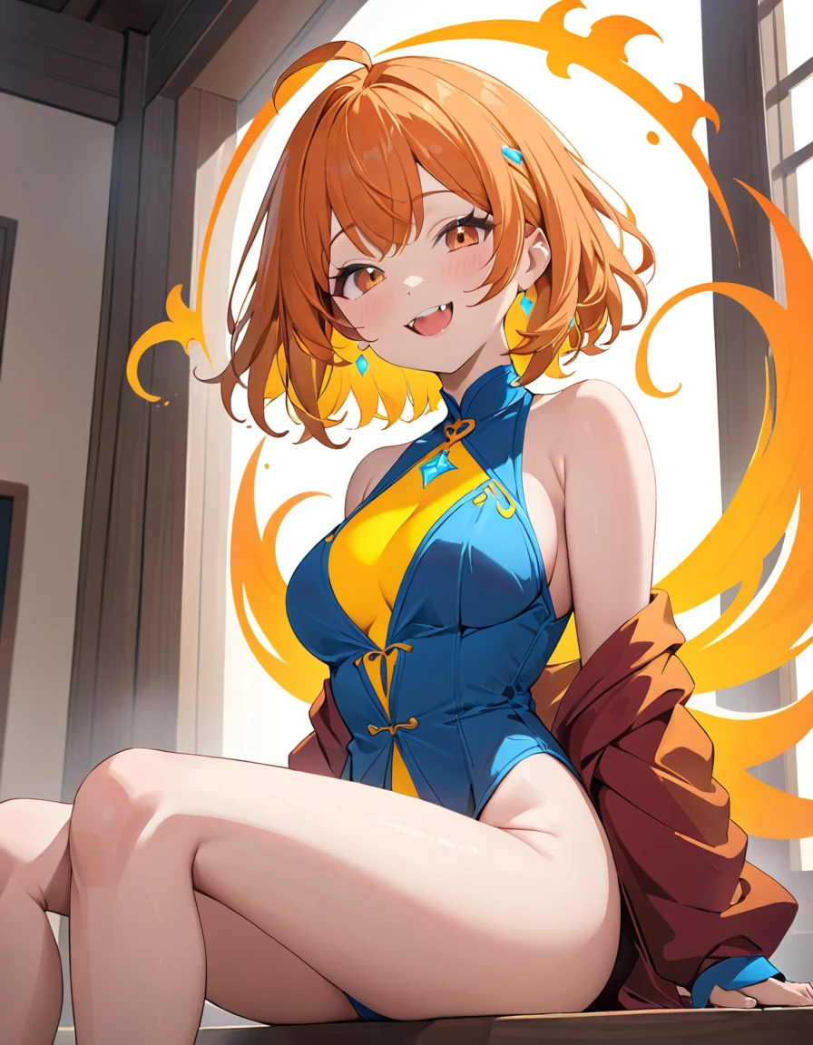 (masterpiece, best quality: 1.2), high resolution, high quality, girl, cute , smile, outfit random, orange hair, a fang, spiritual aura, sitting, sideways