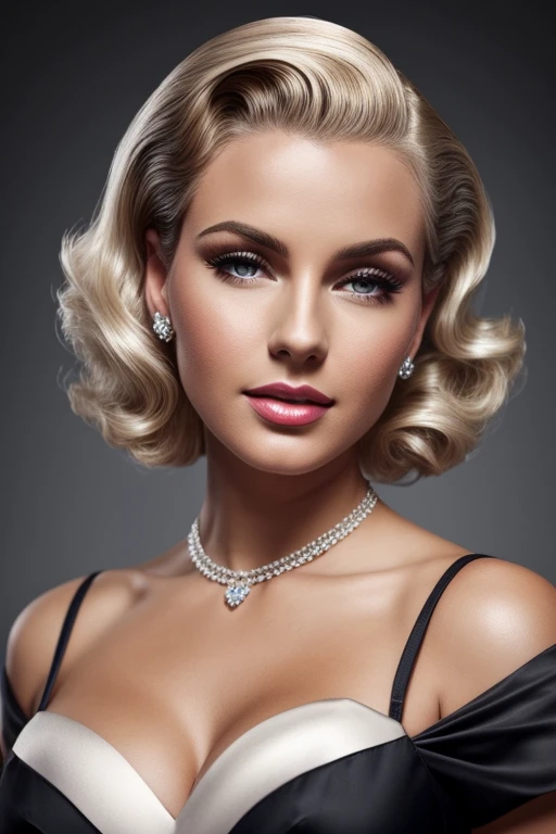 Gorgeous european woman with short 50s pinup hair, wet hair, hair slicked back, combed straight back, slick hair, blonde gradient hair, dressed as a princess, cleavage, jewelry, solid dark grey background
