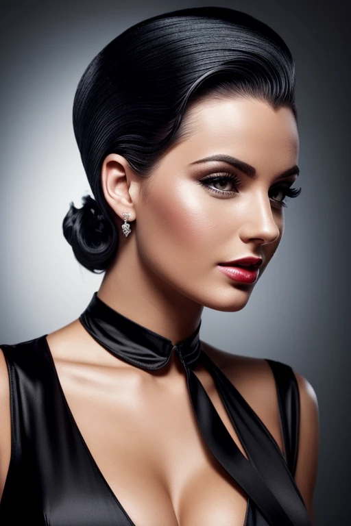 Gorgeous european woman with short 50s pinup hair, wet hair, hair slicked back, combed straight back, slick hair, black gradient hair, dressed as a princess, cleavage, jewelry, solid dark grey background