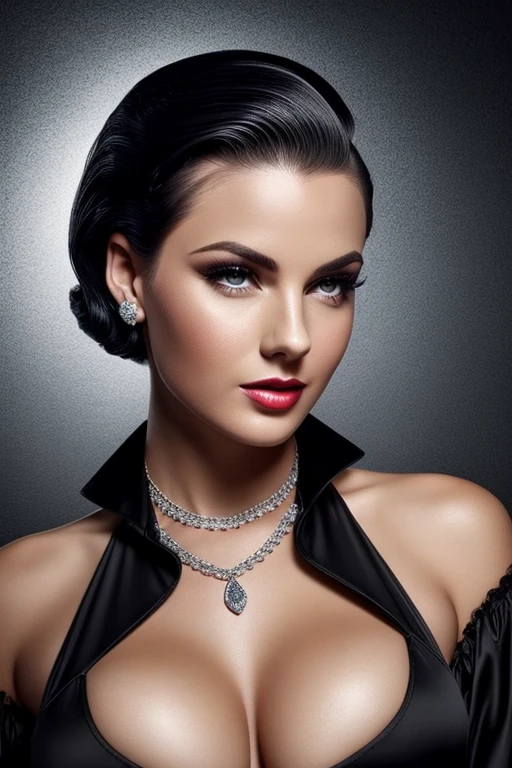 Gorgeous european woman with short 50s pinup hair, wet hair, hair slicked back, combed straight back, slick hair, black gradient hair, dressed as a princess, cleavage, jewelry, solid dark grey background