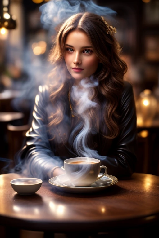 Fragrant coffee on the table, smoke over the cup, cozy atmosphere of a French cafe, hyperrealism, lumen, Art Nouveau((best quality)), ((masterpiece)), (detailed), perfect face