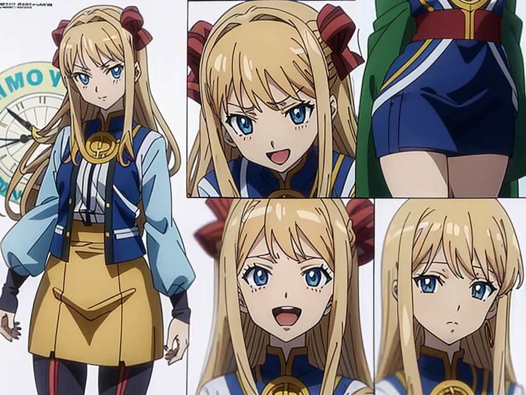 (Anime:1.8), megami magazine, (masterpiece, top quality:1.4), Not Safe for Work, detailed skin, detailed face, 1girl, idol, cute face, , 14-yo,
blue eyes, droopy eyes, big eyes:1.5, laughing, red blush, (blonde-yellow hair), long hair, (shiny wavy hair), hair ribbon with a big clock:1.4, , cute, baby face, twinkle in the eye, small breasts, braided bangs, white ruffle shirt, brown vest, brown layered miniskirt, coat, ankle boots, big clock pendant,
(Design sheet:1.3), (multi-angle and detailed view:1.3),