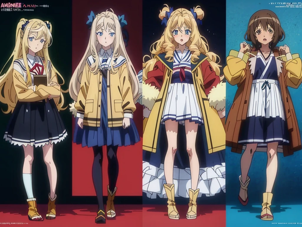 (Anime:1.8), megami magazine, (masterpiece, top quality:1.4), Not Safe for Work, detailed skin, detailed face, 1girl, idol, cute face, , 14-yo,
blue eyes, droopy eyes, big eyes:1.5, laughing, red blush, (blonde-yellow hair), long hair, (shiny wavy hair), hair ribbon with a big clock:1.4, , cute, baby face, twinkle in the eye, small breasts, braided bangs, white ruffle shirt, brown vest, brown layered miniskirt, coat, ankle boots, big clock pendant,
(Design sheet:1.3), (multi-angle and detailed view:1.3),