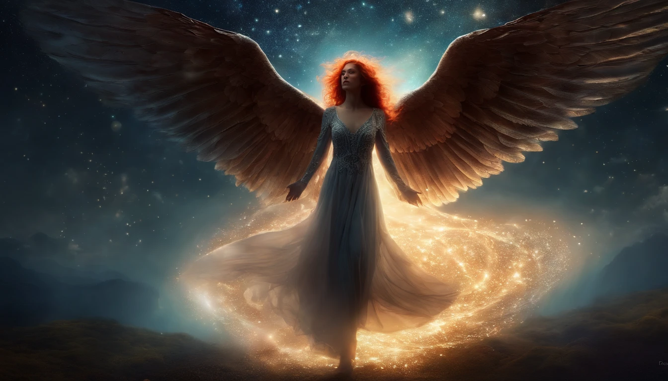 (a cosmic fallen angel:1.1, eerie:0.9, creepy:0.9, nightmarish, very bright colors, light particles, with light glowing, Mshiv, wallpaper art:1.1, UHD wallpaper, bioluminescent, surrealistic, dark background, detailed wings, glowing mystical symbols, ethereal glow, hauntingly beautiful, heavenly aura, delicate body, fiery red hair, delicate ethereal dress, floating in midair, surrounded by stars and galaxies, otherworldly landscape, cosmic energy radiating from the angel, mysterious and captivating, glowing eyes illuminating the darkness, intricate biomechanical details, celestial being, supernatural presence, captivating facial features, celestial light casting shadows)