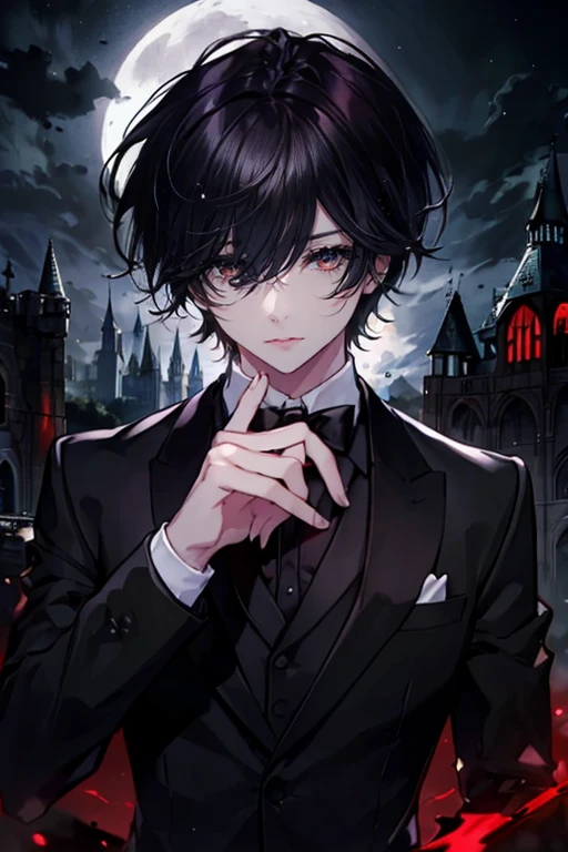 Best Quality,1boy,cool,red eyes,black hair and short hair,tuxedo,upper body,dark,darkness,old castle,moon light,mysterious,fantastic,blood effect,night