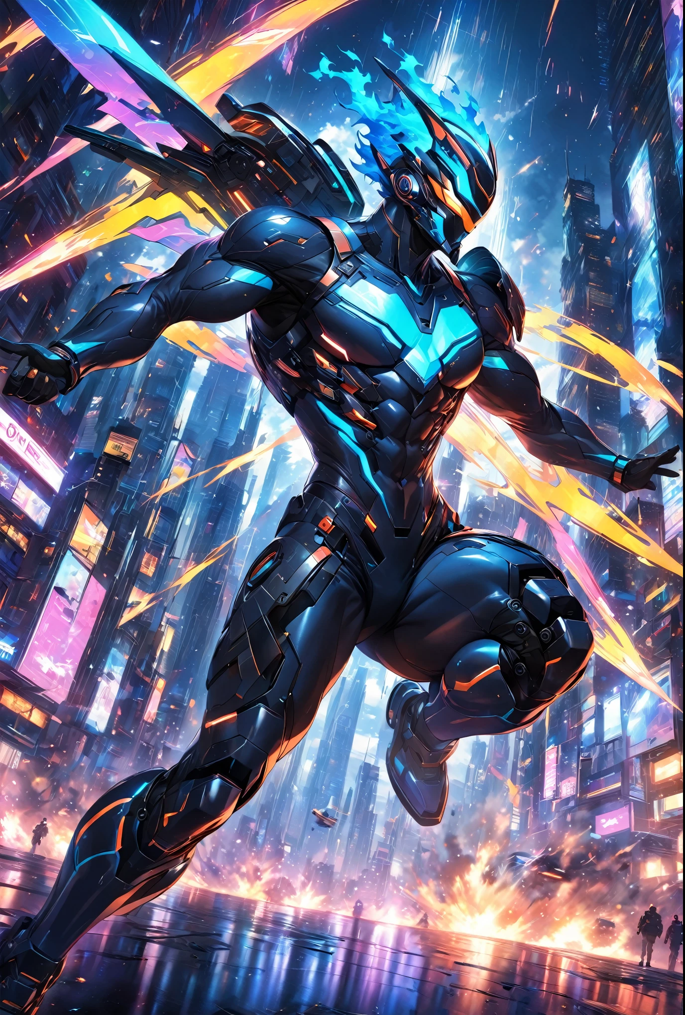 (masterpiece:1.3),(highest quality:1.4),(ultra detailed:1.5),High resolution,extremely detailed,unity 8k wallpaper,1 male,Handsome,Good Youth,Battle Style,The best composition,"A handsome man wearing a sleek, body-hugging combat suit in a cyberpunk setting. The suit is crafted from high-durability, lightweight materials, featuring an ergonomic design with vibrant neon lines and patterns in a variety of colors, including electric blue, neon green, fiery red, and bright purple, all tracing the contours of his muscular physique. The suit includes reinforced joints and embedded sensors, seamlessly integrated into the fabric.  The scene is set in a chaotic urban battlefield, illuminated by a cacophony of neon lights and holographic advertisements. The background features towering skyscrapers and flying vehicles, with vibrant, colorful lights reflecting off the wet surfaces. In the midst of combat, explosions and energy blasts create dynamic lighting effects, casting dramatic shadows and highlighting the action-packed atmosphere."