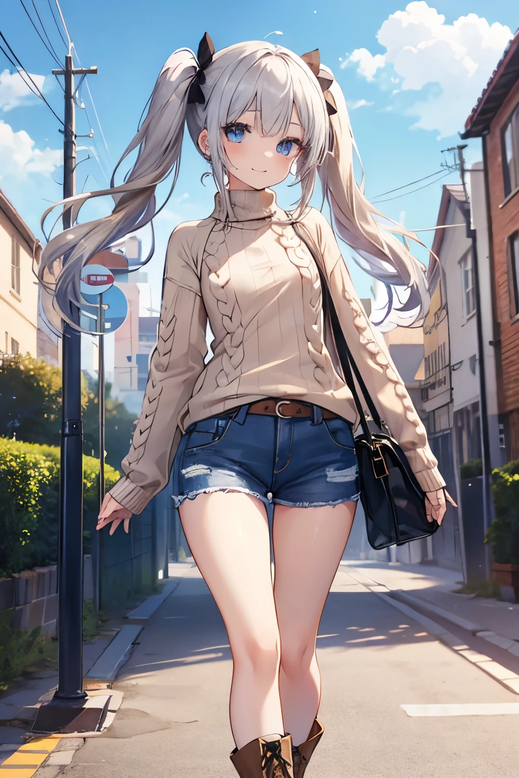 Silver Hair、Blue Eyes、girl、Small breasts、Twin tails、girl、Small breasts、Lolita、Bright smile、Looks about 15 years old、Petan Musume、short、目のhighlight、Sexy thighs、Walking Outside、blue sky、(Long knit sweater with beige high neck:1.4), ,(Blue jeans fabric shorts),(Black boots)、(Small Black Enamel Bag)、Your eyes are so beautiful、highlight