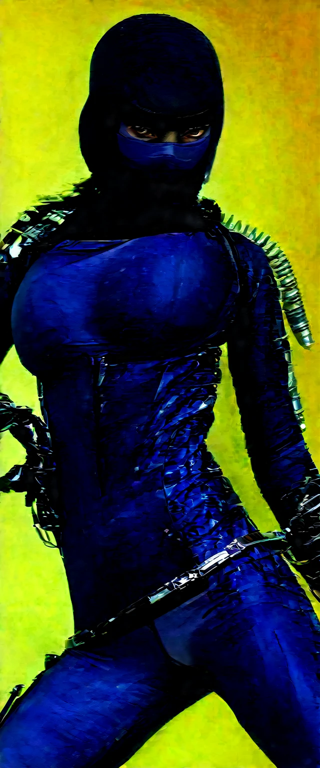 A lovely lady ninja in a tight darkly colored combat suit, she has a variety of bladed weapons. lurking just out of sight seeking her target