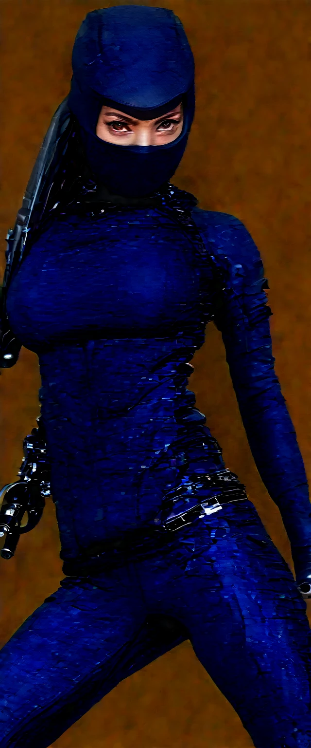 A lovely lady ninja in a tight darkly colored combat suit, she has a variety of bladed weapons. lurking just out of sight seeking her target
