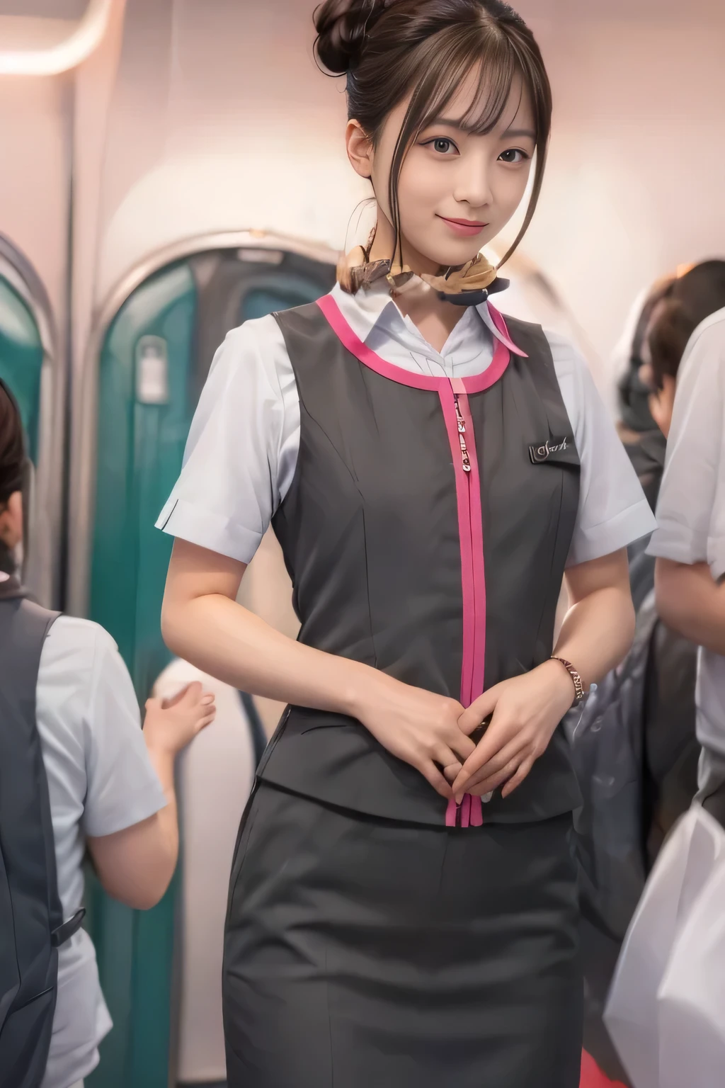 (masterpiece:1.2, highest quality:1.2), 32K HDR, High resolution, (alone、1 girl)、(At the station platform、Professional Lighting)、Background of an empty station platform、(Realistic style of JR Gran Class crew wearing uniform)、Short sleeve blouse、a scarf around the neck、(JR Gran Class flight attendant uniform with pink parts on the skirt sleeves)、(JR Gran Class flight attendant uniform with pink line on front zipper of vest)、Dark brown hair、(Hair tied up、Hair Bun、Hair Bun)、Dark brown hair、Long Shot、Big Breasts、((Great hands:2.0)),((Harmonious body proportions:1.5)),((Normal limbs:2.0)),((Normal finger:2.0)),((Delicate eyes:2.0)),((Normal eyes:2.0)))、Luxury Necklace、smile、Beautiful standing posture,Place your hands around your stomach