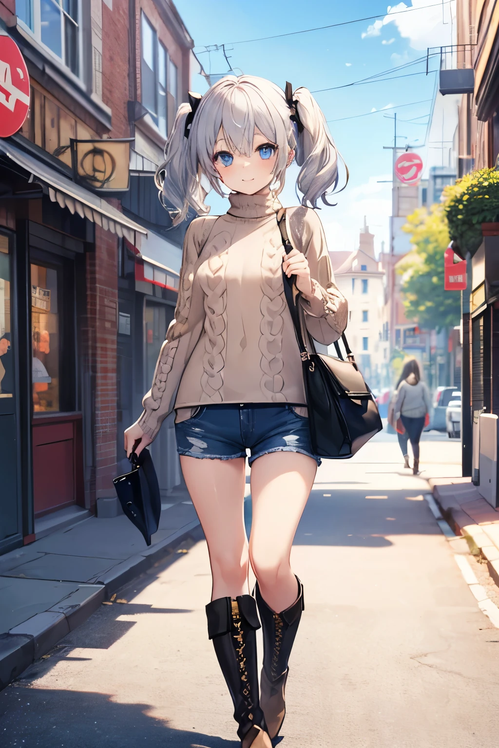 Silver Hair、Blue Eyes、girl、Small breasts、Twin tails、girl、Small breasts、Lolita、Bright smile、Looks about 15 years old、Petan Musume、short、目のhighlight、Sexy thighs、Walking Outside、blue sky、(Long knit sweater with beige high neck:1.4), ,(Blue jeans fabric shorts),(Black boots)、(Small Black Enamel Bag)、Your eyes are so beautiful、highlight