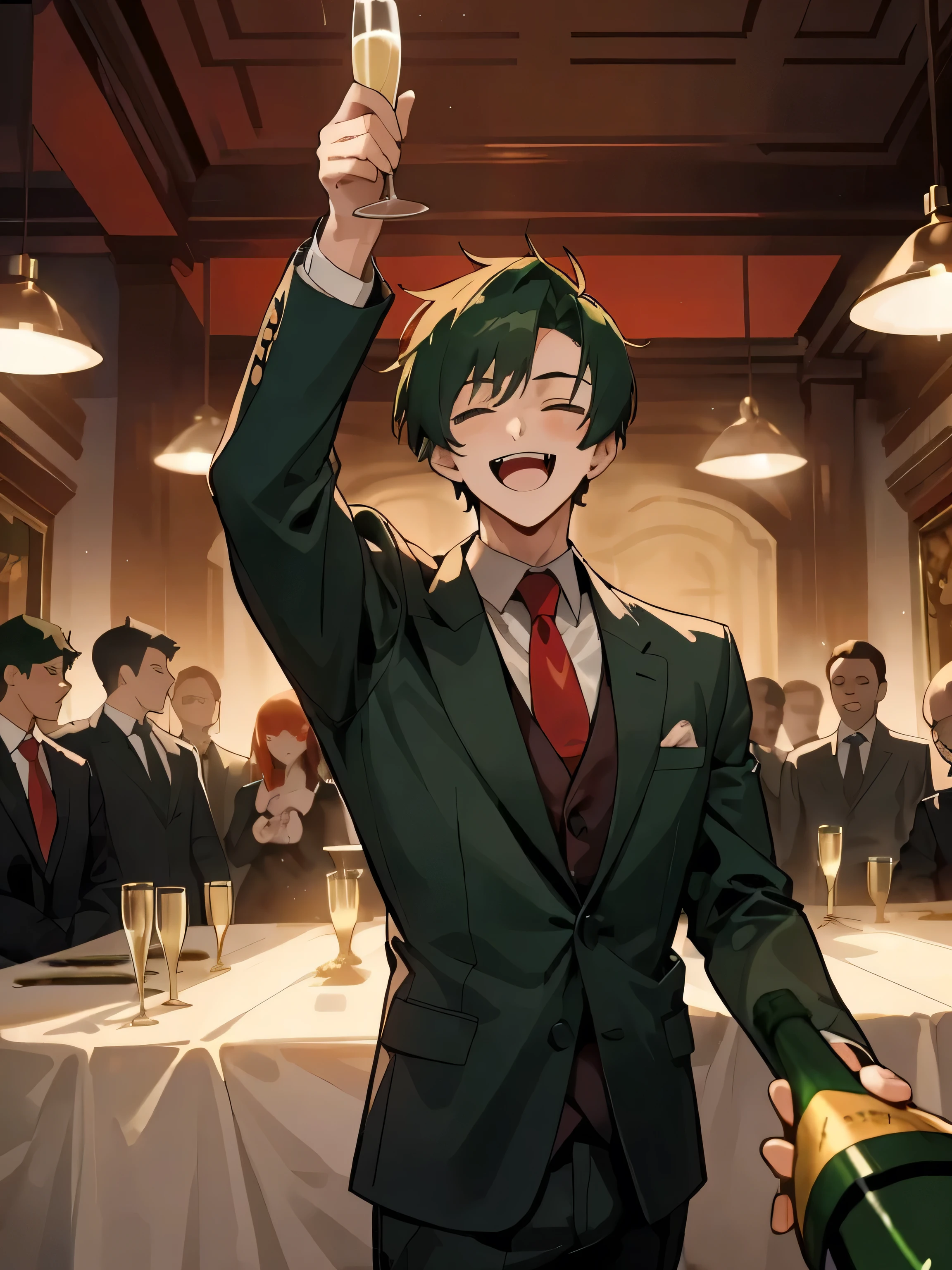 1 adult male, dark green hair, laugh, suits, red tie, kind-looking, short hair, party venue, banquet, masses, bingo tournament, champagne, wide shot
