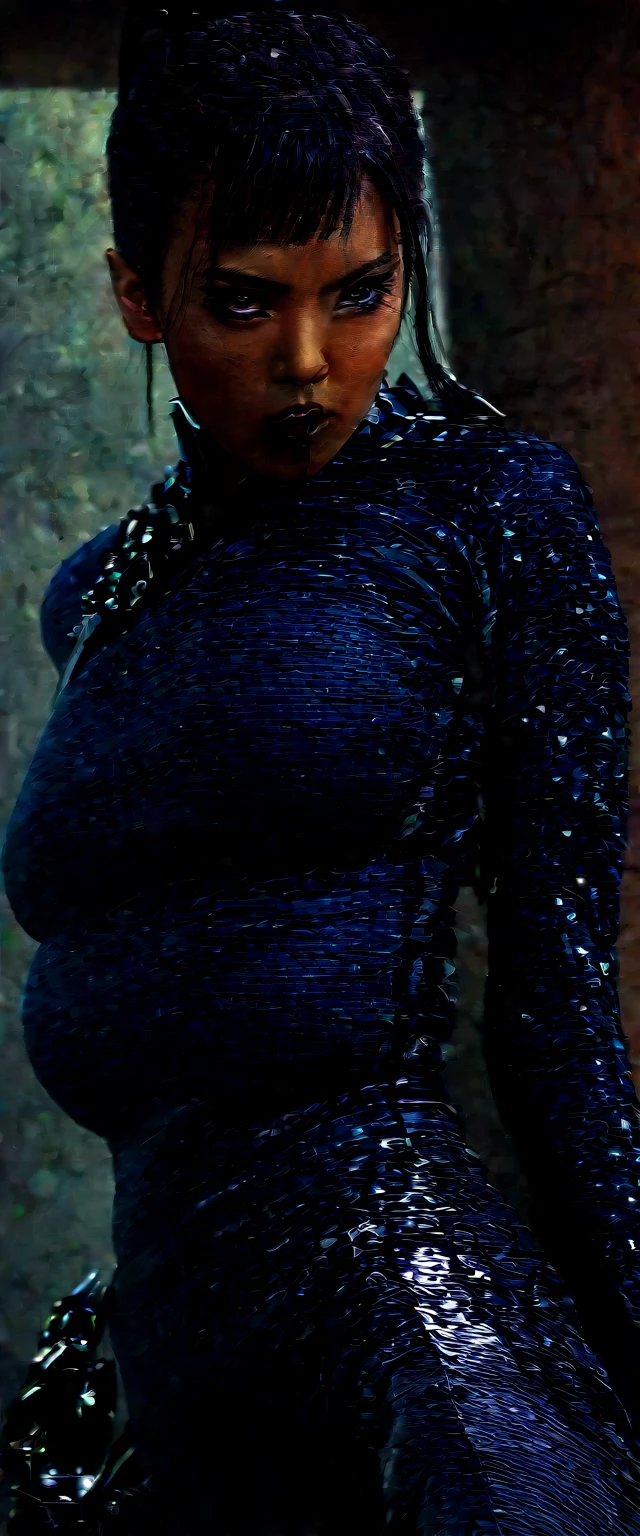A lovely lady ninja in a tight darkly colored combat suit, highly detailed face, piercing eyes, cute nose and lips, long eyelashes, elegant ponytail, variety of bladed weapons, katana, kunai, shuriken, lurking in the shadows, stealthy movements, seeking target, photorealistic, 8k, hyper detailed, cinematic lighting, moody atmosphere, dark color palette, dramatic shadows, dynamic pose