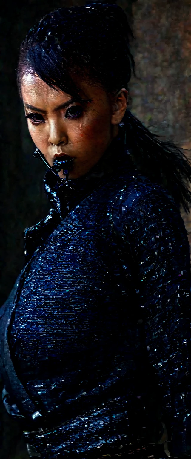 A lovely lady ninja in a tight darkly colored combat suit, highly detailed face, piercing eyes, cute nose and lips, long eyelashes, elegant ponytail, variety of bladed weapons, katana, kunai, shuriken, lurking in the shadows, stealthy movements, seeking target, photorealistic, 8k, hyper detailed, cinematic lighting, moody atmosphere, dark color palette, dramatic shadows, dynamic pose