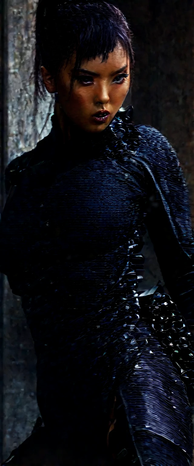 A lovely lady ninja in a tight darkly colored combat suit, highly detailed face, piercing eyes, cute nose and lips, long eyelashes, elegant ponytail, variety of bladed weapons, katana, kunai, shuriken, lurking in the shadows, stealthy movements, seeking target, photorealistic, 8k, hyper detailed, cinematic lighting, moody atmosphere, dark color palette, dramatic shadows, dynamic pose