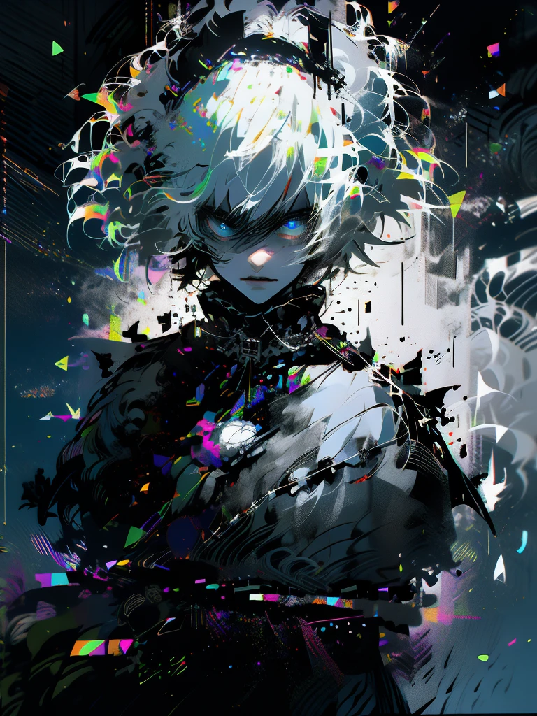 1 handsome guy,Rainbow pupils,Black and white hair,ultra - detailed,(s fractal art:1.4), rich colourful, detailed back ground,(Fractals in the background:1.2),Chaos and order,Black and white,Light and darkness,angel and demon, hight contrast, Ray traching, cinmatic lighting, (Start from the front:0.6)