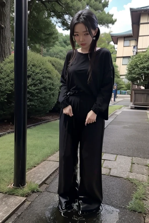 Japanese Girl sees the ghost and pees her black palazzo pants until her pants are wet in fright.