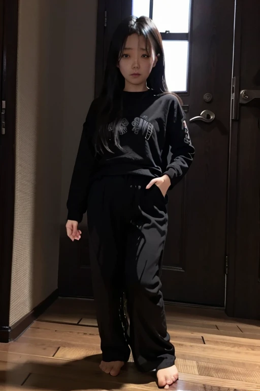 Japanese Girl sees the ghost and pees her black palazzo pants until her pants are wet in fright.