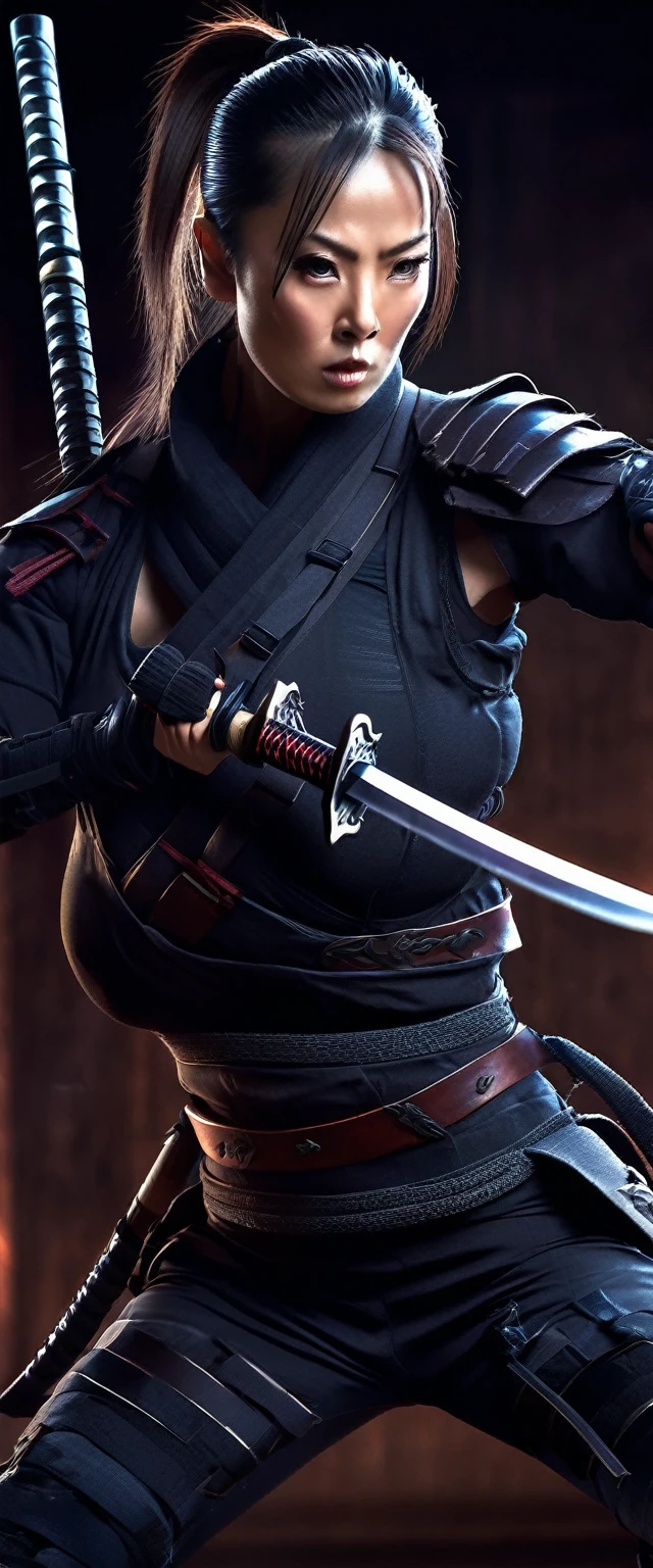 A lovely lady ninja in a tight darkly colored combat suit, highly detailed face, piercing eyes, cute nose and lips, long eyelashes, elegant ponytail, variety of bladed weapons, katana, kunai, shuriken, lurking in the shadows, stealthy movements, seeking target, photorealistic, 8k, hyper detailed, cinematic lighting, moody atmosphere, dark color palette, dramatic shadows, dynamic pose
