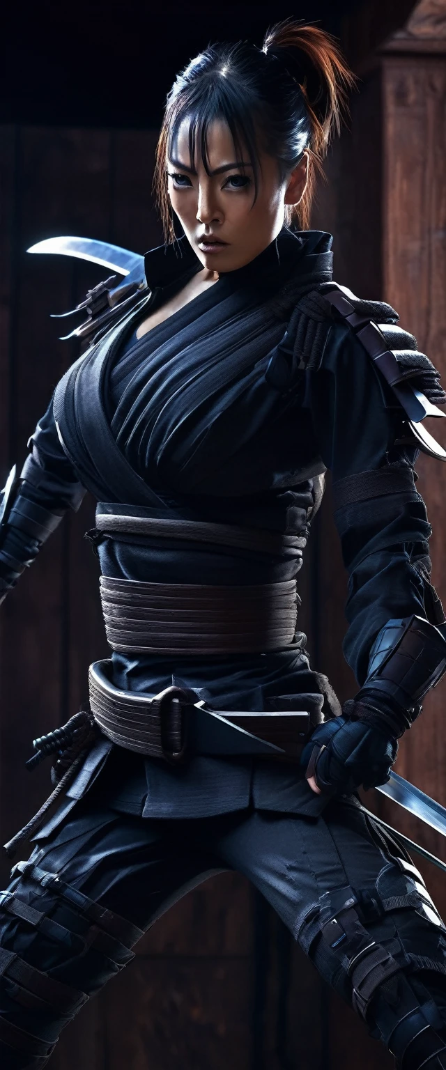 A lovely lady ninja in a tight darkly colored combat suit, highly detailed face, piercing eyes, cute nose and lips, long eyelashes, elegant ponytail, variety of bladed weapons, katana, kunai, shuriken, lurking in the shadows, stealthy movements, seeking target, photorealistic, 8k, hyper detailed, cinematic lighting, moody atmosphere, dark color palette, dramatic shadows, dynamic pose
