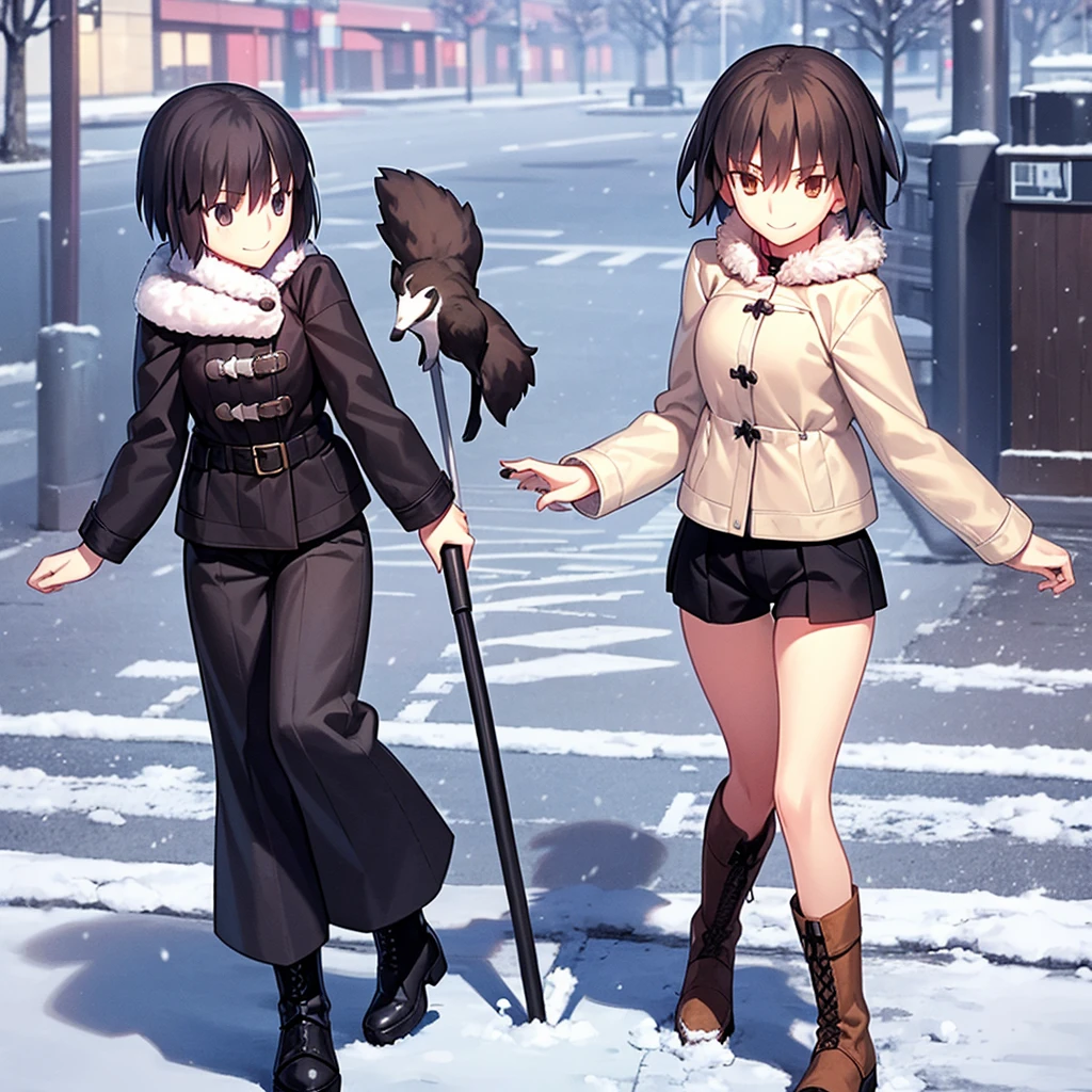 Cheerful female college student、smile、Look at the direction、Thick eyebrows、Droopy eyes、black髪、short hair、Fur jacket（black）、hot pants（gray）、boots with buckles（Brown）、（Flat Brown）、Promenade、Snow Scene、Snowfall、Angle from bottom right