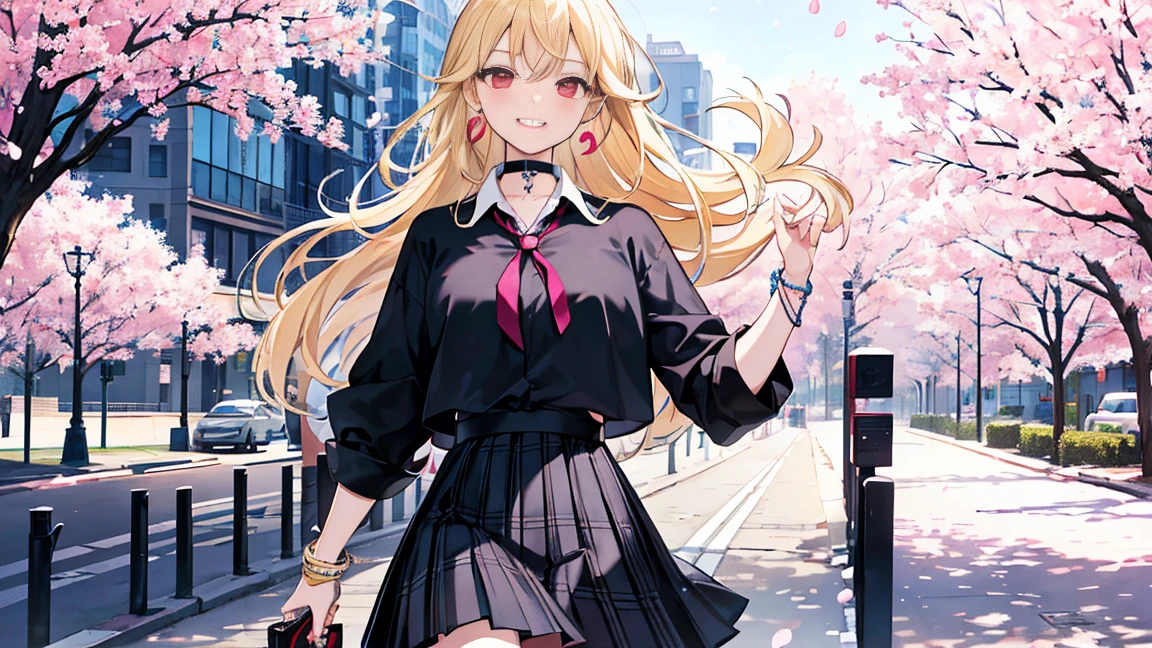 masterpiece, highest quality,  whole body,
One girl, bangs, black choker, black tie, Blonde Hair, blue skirt, blush, bracelet, chest, choker, clothes The surrounding area waist, clavicle, collared shirt, Cowboy Shot, dress shirt, ear Earrings, Eyebrows visible through hair, Gradient Hair, Grin, fix, jewelry, Kogal, Long Hair, View Viewer, loose tie, tie, Earrings, Plaid, Plaid skirt, pleated skirt, Red eyes, ring, , shirt, skirt, smile, alone, white shirt,
street, null, cherry blossoms, petal,figure, (magazine:1.3), (cover-style:1.3), fashionable, woman, Vibrant, Costume, Pause, front, colorful, dynamic, background,  element, have confidence, Performance, Holding, statement, accessories, Majestic, Coiled, The surrounding area, touch, scene, article, cover, bold, to attract attention, title, stylish, font, Catchy, Heading, big, impressive, Modern, trend, concentrated, fashion,