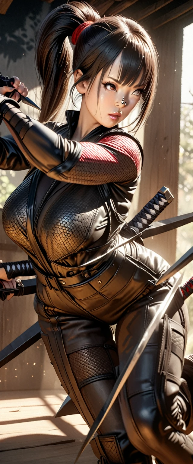 A lovely lady ninja in a tight darkly colored combat suit, highly detailed face, piercing eyes, cute nose and lips, long eyelashes, elegant ponytail, variety of bladed weapons, katana, kunai, shuriken, lurking in the shadows, stealthy movements, seeking target, photorealistic, 8k, hyper detailed, cinematic lighting, moody atmosphere, dark color palette, dramatic shadows, dynamic pose
