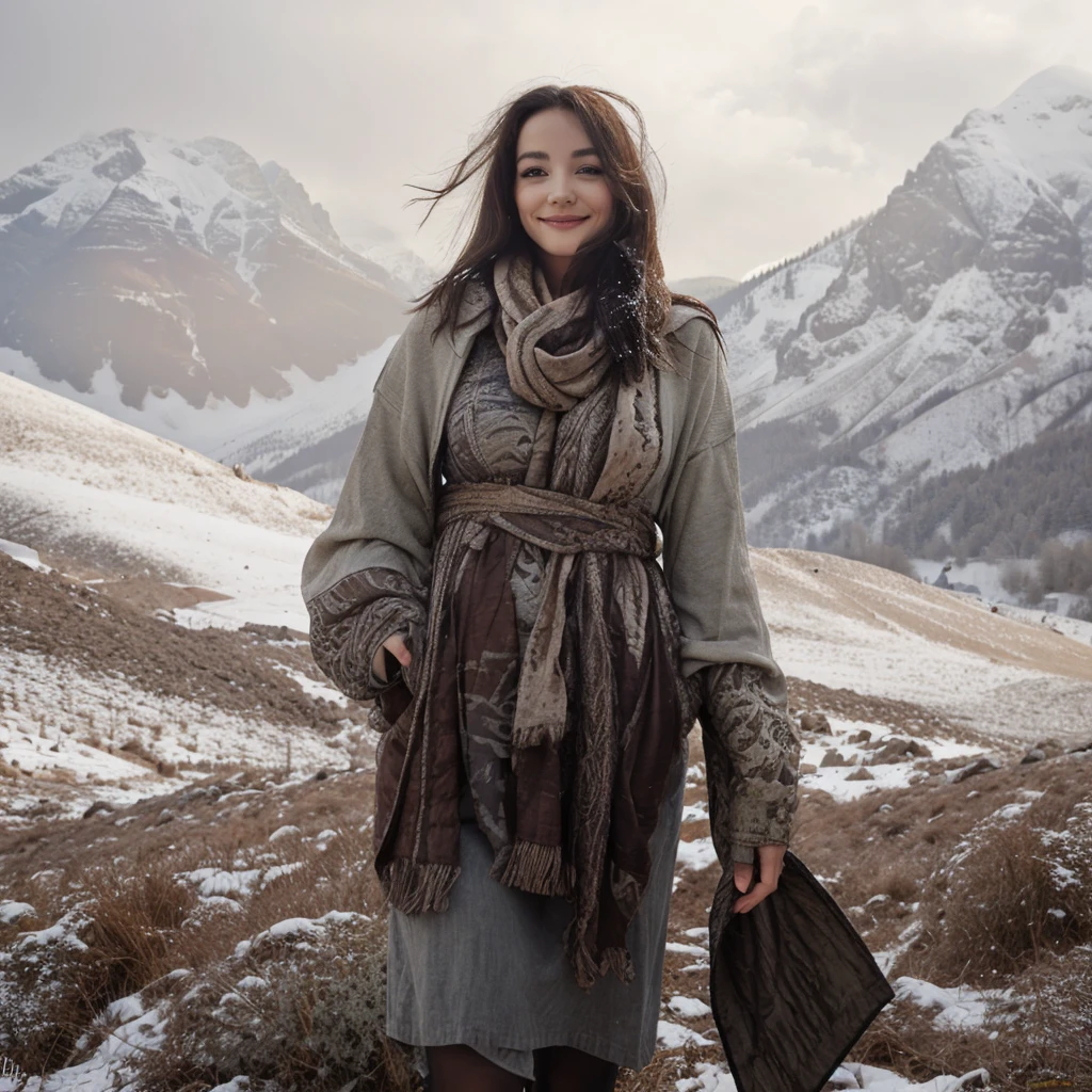 une femme inuit, debout, au groenland, jolie visage, seul dans la nature, beau corps, montagne et neige en fond, Nice day, smirk, pose sexy