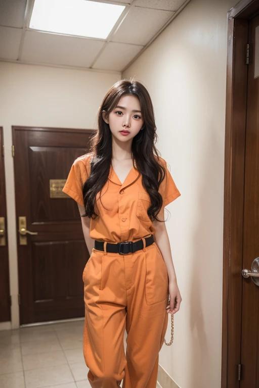 1 korean beautiful girl, Transport Belt, handcuffs, prison clothes, orange jumpsuit, in a prison cell, black hair, brown eyes, looking at viewer, serious, tears, blush, standing, inside lobby, prison, bright lighting, high quality, masterpiece, girl is handcuffed,