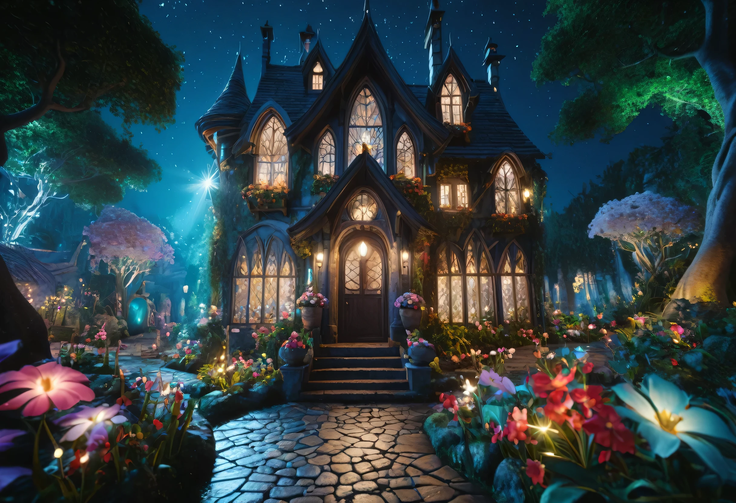 There is a very beautiful house there with lots of flowers blooming., Beautiful depiction of a fairy tale, fantasy house, stuning Fantasy 3D Rendering, Fantasy Style 8 k Octane Rendering, realistic fantasy render, (Octane Rendering) Fantasy Style, 3D magic details, Medieval fantasy town, Fantasy 3D Rendering, Magic fantasy highly detailed
