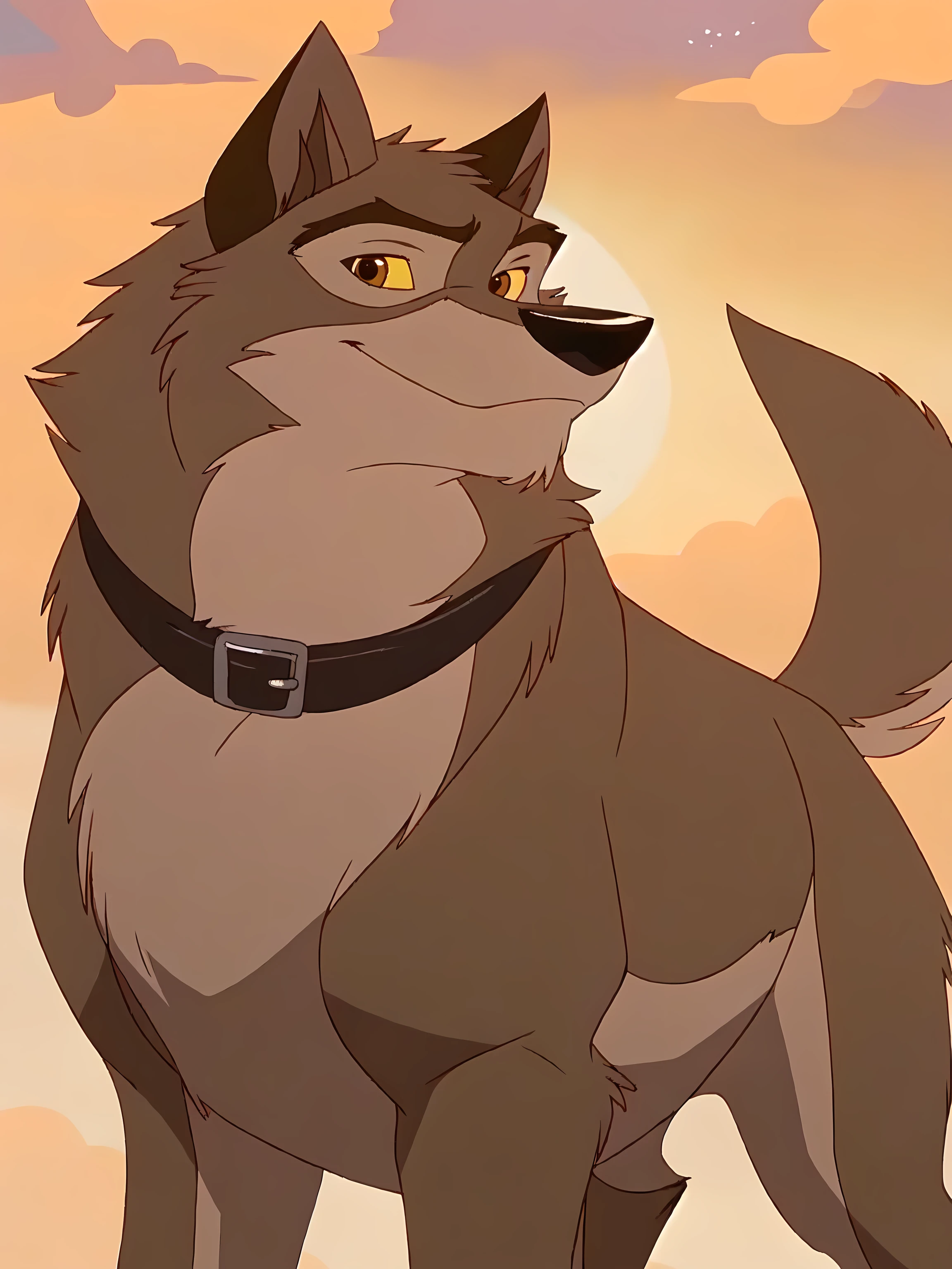 balto, full body, feral, detailed, detailed face, detailed eyes, quadruped, very muscular:1.0, pectorals:1.2, strong chest, biceps, wfa anatomy, black lineart, black outline, male, masculine, adult, wolf, wolf body, wolf tail, brown iris, yellow sclera, cartoon shading, cel shaded:1.0, black collar, strong body, confident, proud, front view,