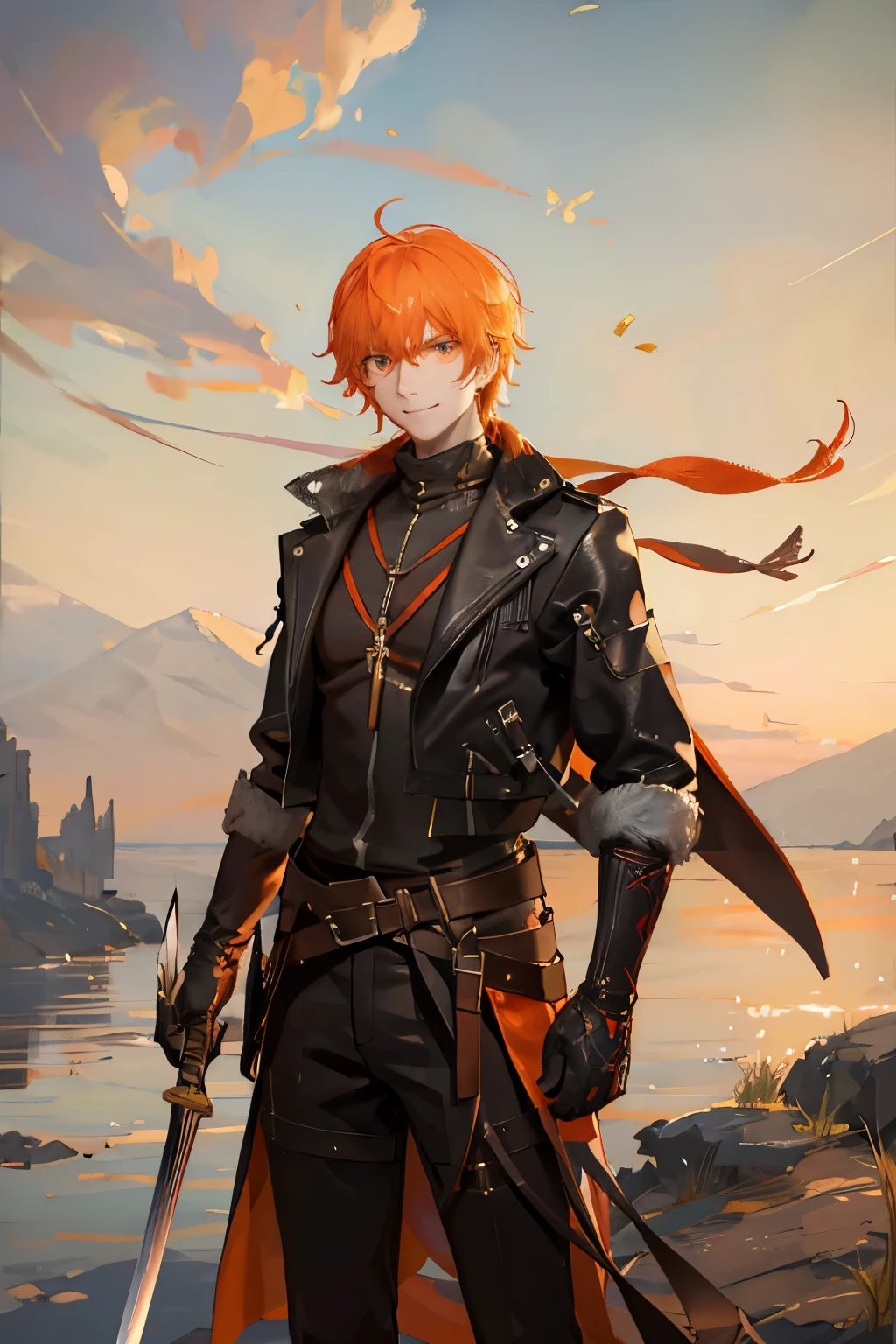 Black tied hair man, with a sword on his sword wearing a leather jacket, bright orange eyes, with a friendly smile.