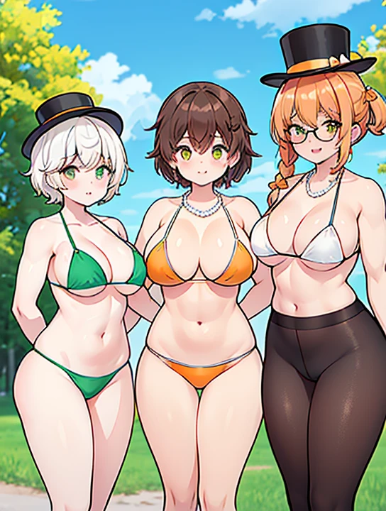 Group of three women in a park, big breasts, each wearing a different colored bikini ,(The first: glasses, yellow eyes, brown hair, top hat.)(the second: green eyes, brown skin, white hair with a braid.)(the third: short and fluffy hair, orange hair, pearl necklace), muscular.