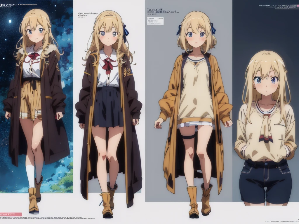 (Anime:1.8), megami magazine, (masterpiece, top quality:1.4), Not Safe for Work, detailed skin, detailed face, 1girl, idol, cute face, , 14-yo,
blue eyes, droopy eyes, big eyes:1.5, laughing, red blush, (blonde-yellow hair), long hair, (shiny wavy hair), hair ribbon with a big clock:1.4, , cute, baby face, twinkle in the eye, small breasts, braided bangs, white ruffle shirt, brown vest, brown layered miniskirt, coat, ankle boots, big clock pendant,
(Design sheet:1.3), (multi-angle and detailed view:1.3),