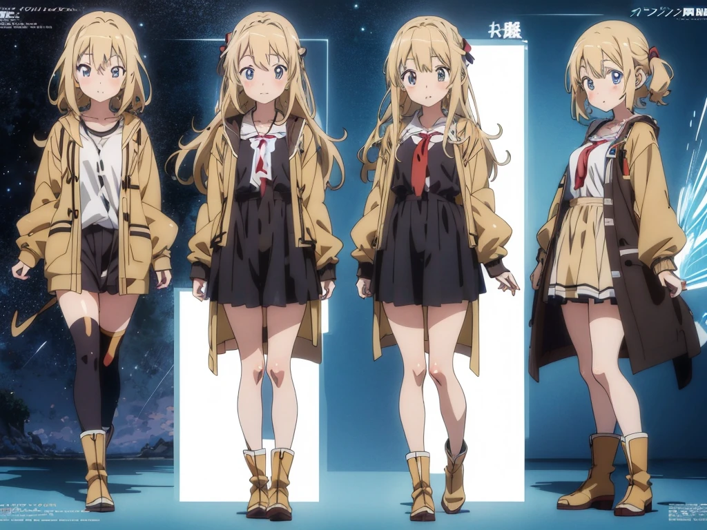 (Anime:1.8), megami magazine, (masterpiece, top quality:1.4), Not Safe for Work, detailed skin, detailed face, 1girl, idol, cute face, , 14-yo,
blue eyes, droopy eyes, big eyes:1.5, laughing, red blush, (blonde-yellow hair), long hair, (shiny wavy hair), hair ribbon with a big clock:1.4, , cute, baby face, twinkle in the eye, small breasts, braided bangs, white ruffle shirt, brown vest, brown layered miniskirt, coat, ankle boots, big clock pendant,
(Design sheet:1.3), (multi-angle and detailed view:1.3),