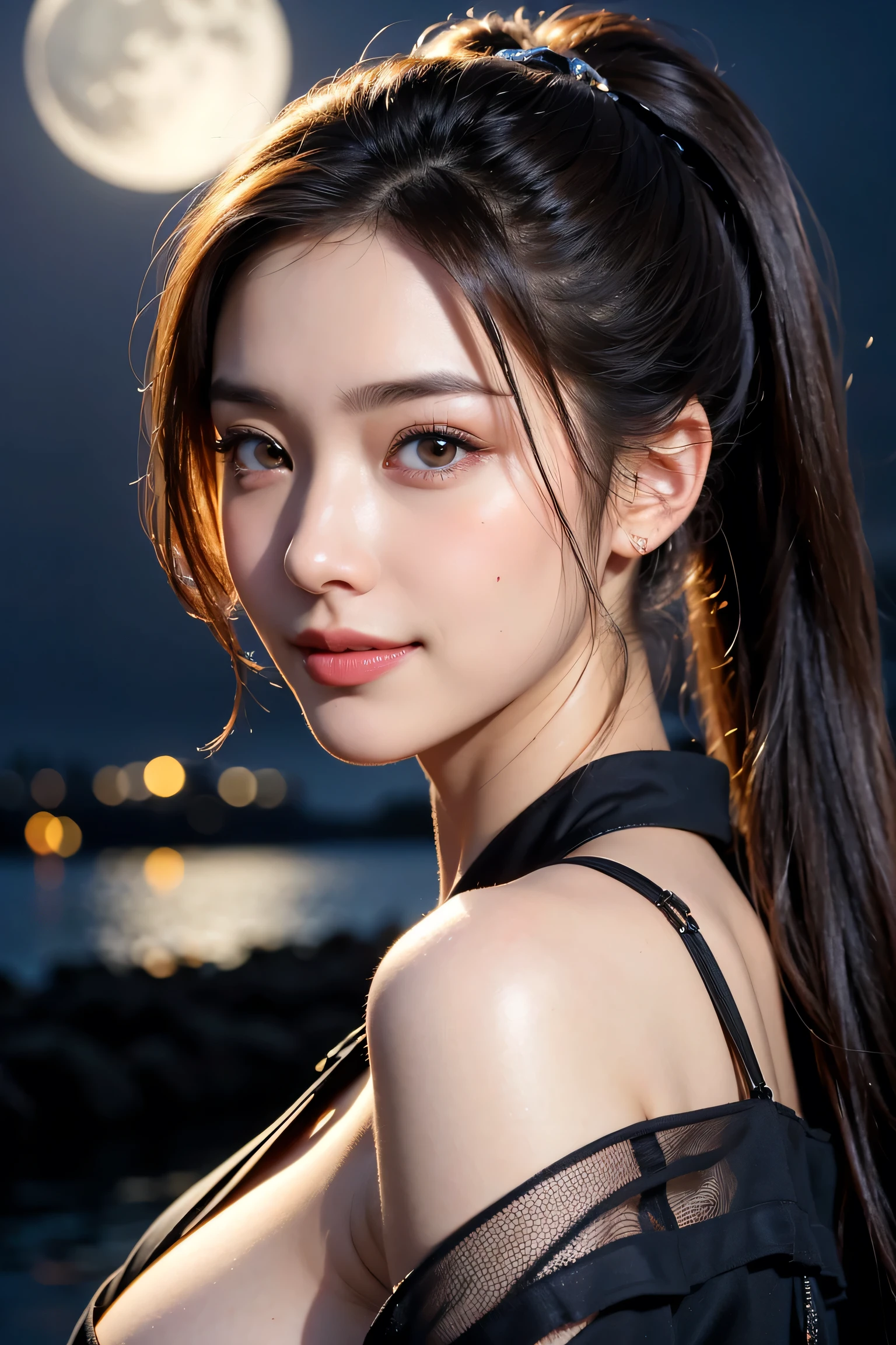 The beauty of kimono, Body Portrait, 8k, Narrow and beautiful eyes, Dindal effect, masterpiece, 最high quality, high quality, High resolution, Very detailed photos, (Natural skin texture, Fine skin, Hyperrealism, Ultra Sharpness) , Skin with attention to detail, (Very fine, Fine skin texture, Intricate details, ponytail, Beautiful Face, (Lifelike face), Realistic eyes, Beautiful and detailed eyes, Realistic Skin, Beautiful Skin, Hyper Reality Target, Very detailed, Golden Ratio, Smiling Eyes, ((Night moonlight background) )), Body Portrait, G-Cup, Big Breasts, Huge breasts, Big Breasts, glamorous,