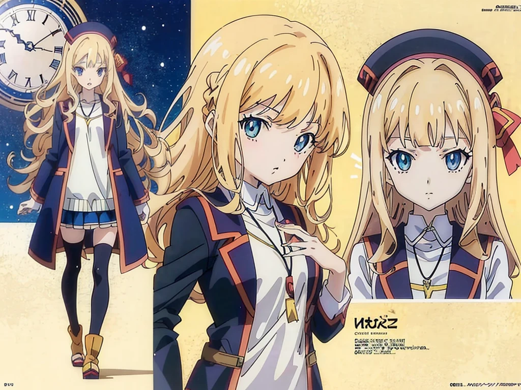 (Anime:1.8), megami magazine, (masterpiece, top quality:1.4), Not Safe for Work, detailed skin, detailed face, 1girl, idol, cute face, , 14-yo,
blue eyes, droopy eyes, big eyes:1.5, laughing, red blush, (blonde-yellow hair), long hair, (shiny wavy hair), hair ribbon with a big clock:1.4, , cute, baby face, twinkle in the eye, small breasts, braided bangs, white ruffle shirt, brown vest, brown layered miniskirt, coat, ankle boots, big clock pendant,
(Design sheet:1.3), (multi-angle and detailed view:1.3),