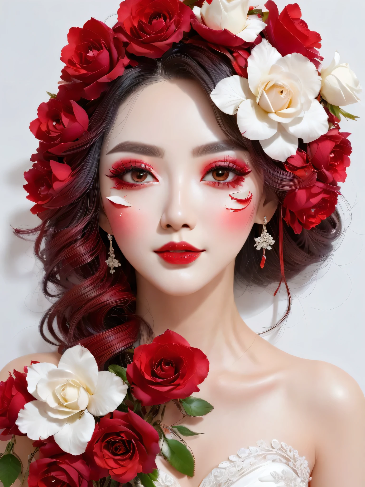 Rose flower crafts, A bride made of red and white flowers, June Bride、Gradient colors、 Beautiful Face、Beautiful Eyes、Tears in my eyes、 Rose、petal、Portraiture, White canvas background、Ultra high definition、(fall leaf craft:1.4),