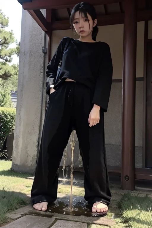 Japanese Girl sees the ghost and pees her black palazzo pants until her pants are wet in fright.