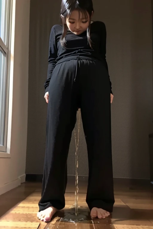 Japanese Girl sees the ghost and pees her black palazzo pants until her pants are wet in fright.