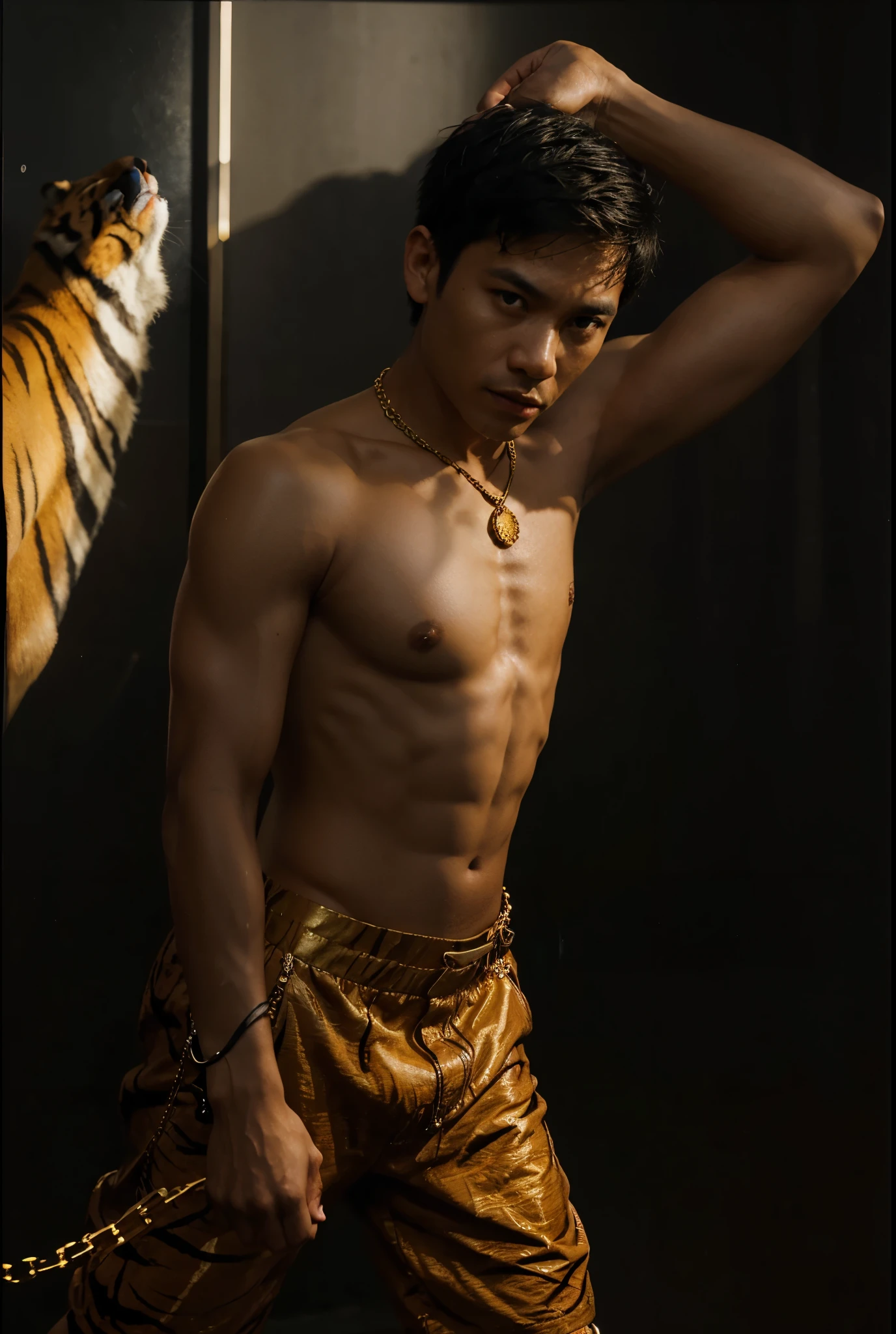 A Filipino MAN with short hair, wearing a Gold Color chain and watch, and with a small Name and Signature "Ariel Editor" on the Side and Center, He is Standing next to a huge tiger roaring at the camera.    The background is black with Shadow gray and an orange light shining from the front.    The image has the appearance of an oil painting.