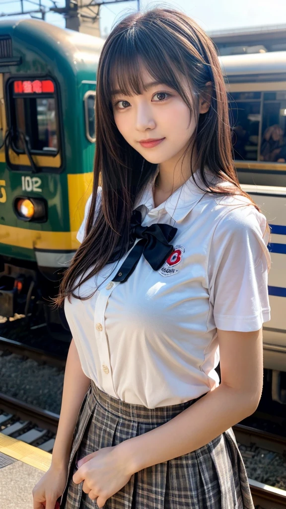 (masterpiece:1.2, highest quality), bokeh, 1 high school girl, 
(Japanese idle:1.6), Plump breast, Blushed face, Looking at the viewer, standing at the train railway, high school uniform:1.6), sundown, Close up, expresses the roundness and softness of your chest
