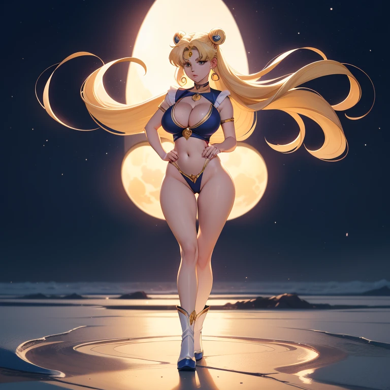 Sailor Moon, Long blond hair, whole body, Beautiful female body, ( (((Large Breasts、Breast sagging、Low-cut，Cleavage ，Wide hips,)))((Long legs)),Hourglass figure))) Long legs, High boots, Film Photography, Analog photos, Film Grain, Extreme details, 4k, Ultra high quality, Surrealism, Popular on artstation, polishing, shining, energetic, Reality, Backlight, hair light, 8K Ultra high quality, Unreal Project 5
