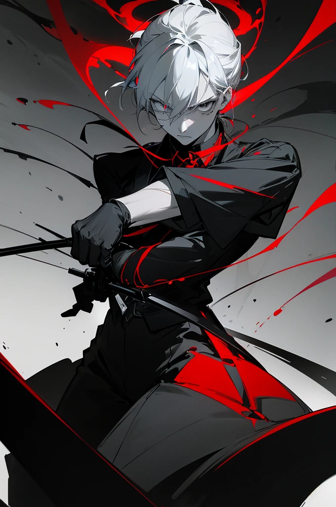 arm enterprise、Suppression Division、Combatant、male、cool、adult、beautiful、Tie your hair up、sense of urgency、Sharp Eyes、Slender、Large、Great sword、Modern weapons、darkness、dark、melancholy、Machine-like personality、Intimidating、Expressionless、Loyal、Black theme、grayscale、Red accent color、High Contrast
